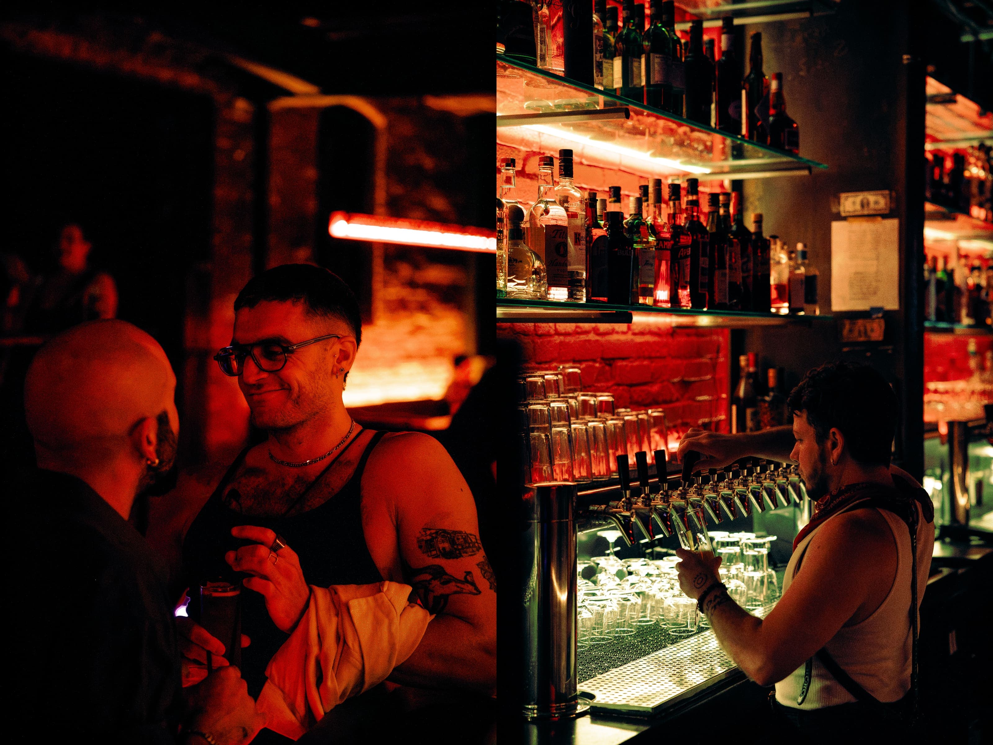 Diptych: a smiling patron in glasses with a drink, beside a bartender pulling a beer from the taps