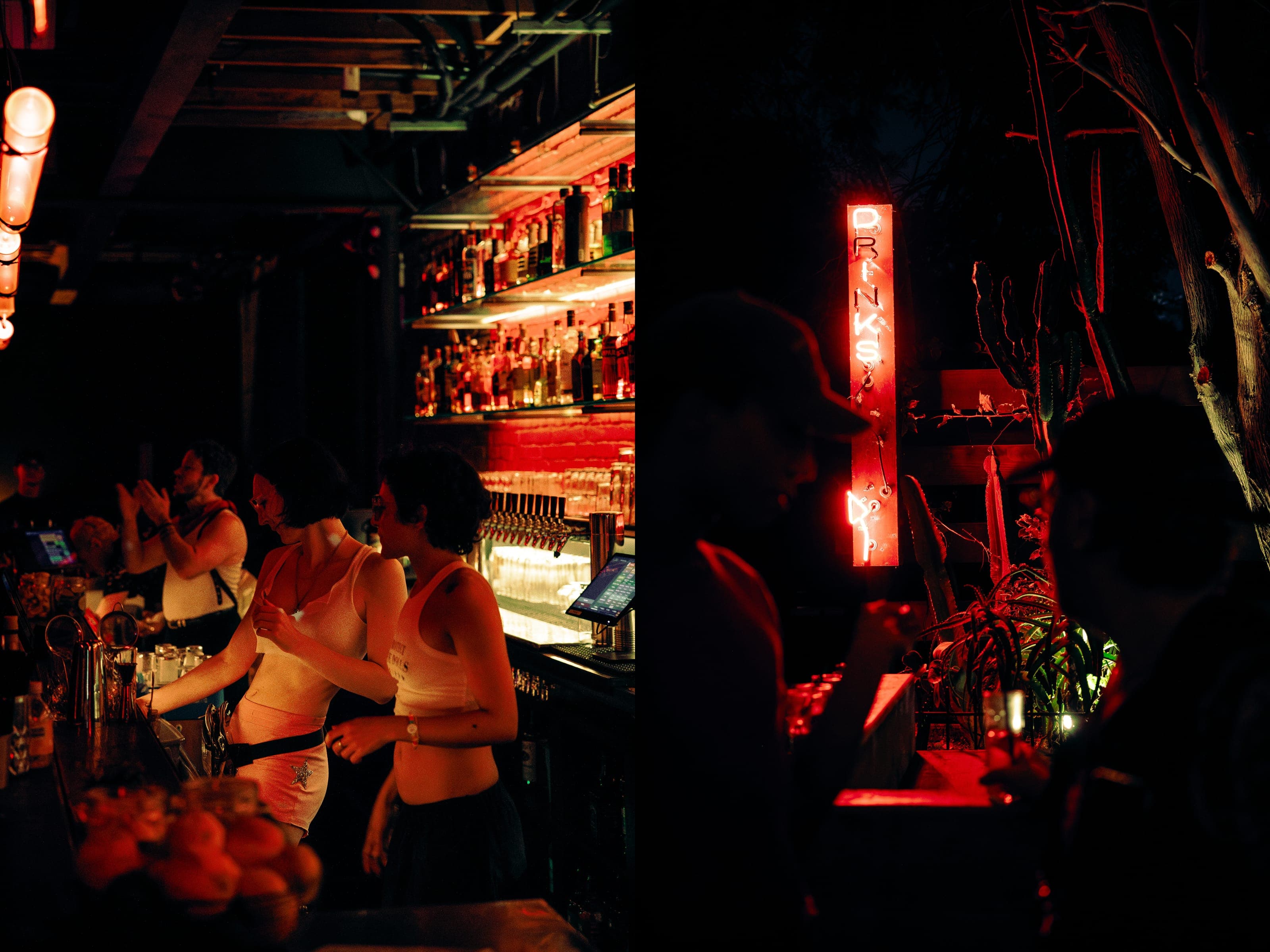 Diptych: bartenders at work behind the lit back bar, beside a red neon DRINKS sign in the courtyard